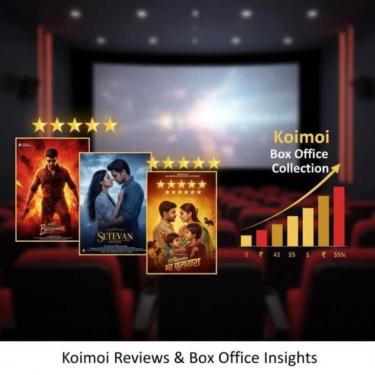 Collage of Bollywood movie posters with star ratings and box office chart, representing Koimoi reviews and box office insights.