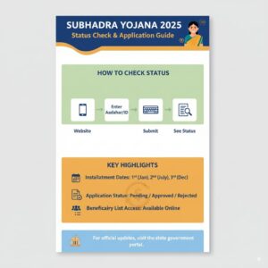 Infographic guide showing how to check Subhadra Yojana 2025 application status online, installment dates, beneficiary list process, and mobile-friendly options for women in Odisha.