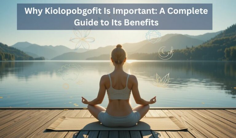 Visual representation of the Kiolopobgofit wellness philosophy. A woman sits in a lotus position on a wooden pier overlooking a misty lake, with circular icons of herbs, roots, and a lotus logo symbolizing natural supplements and mindfulness.