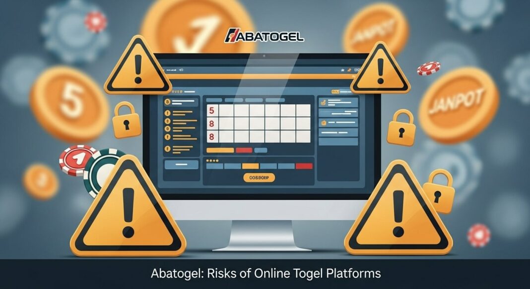 Illustration showing the risks of online gambling platforms like Abatogel with caution symbols and generic lottery interface.
