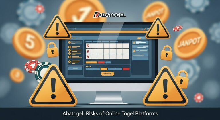 Illustration showing the risks of online gambling platforms like Abatogel with caution symbols and generic lottery interface.