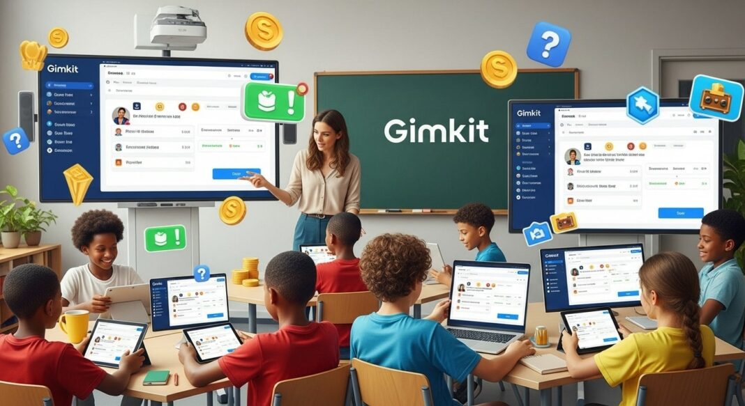 Students using Gimkit for interactive learning in a modern classroom