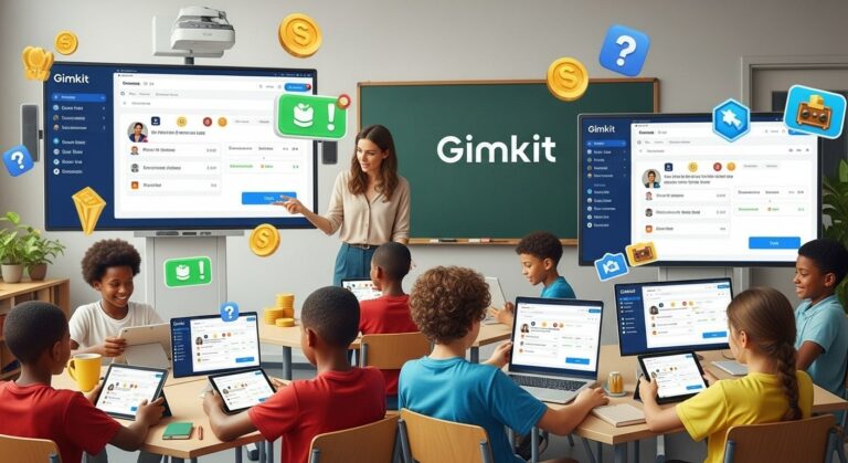 Students using Gimkit for interactive learning in a modern classroom