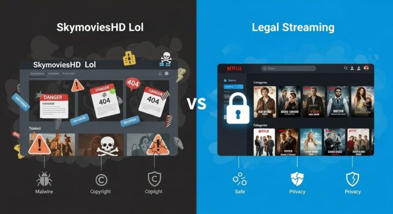 Comparison of SkymoviesHD Lol and licensed streaming services highlighting legal and security risks