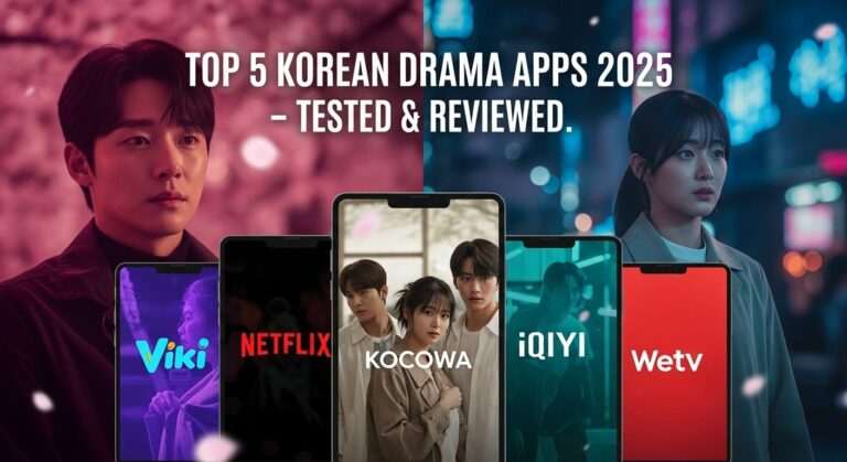 Top 5 Korean drama apps 2024 – collage of Viki, Netflix, iQIYI, KOCOWA, and WeTV logos on smartphones showing Korean dramas