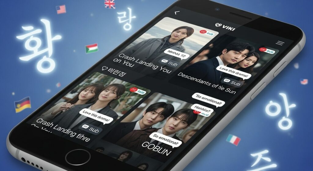 Viki app interface showing Korean drama library with community subtitles and comments